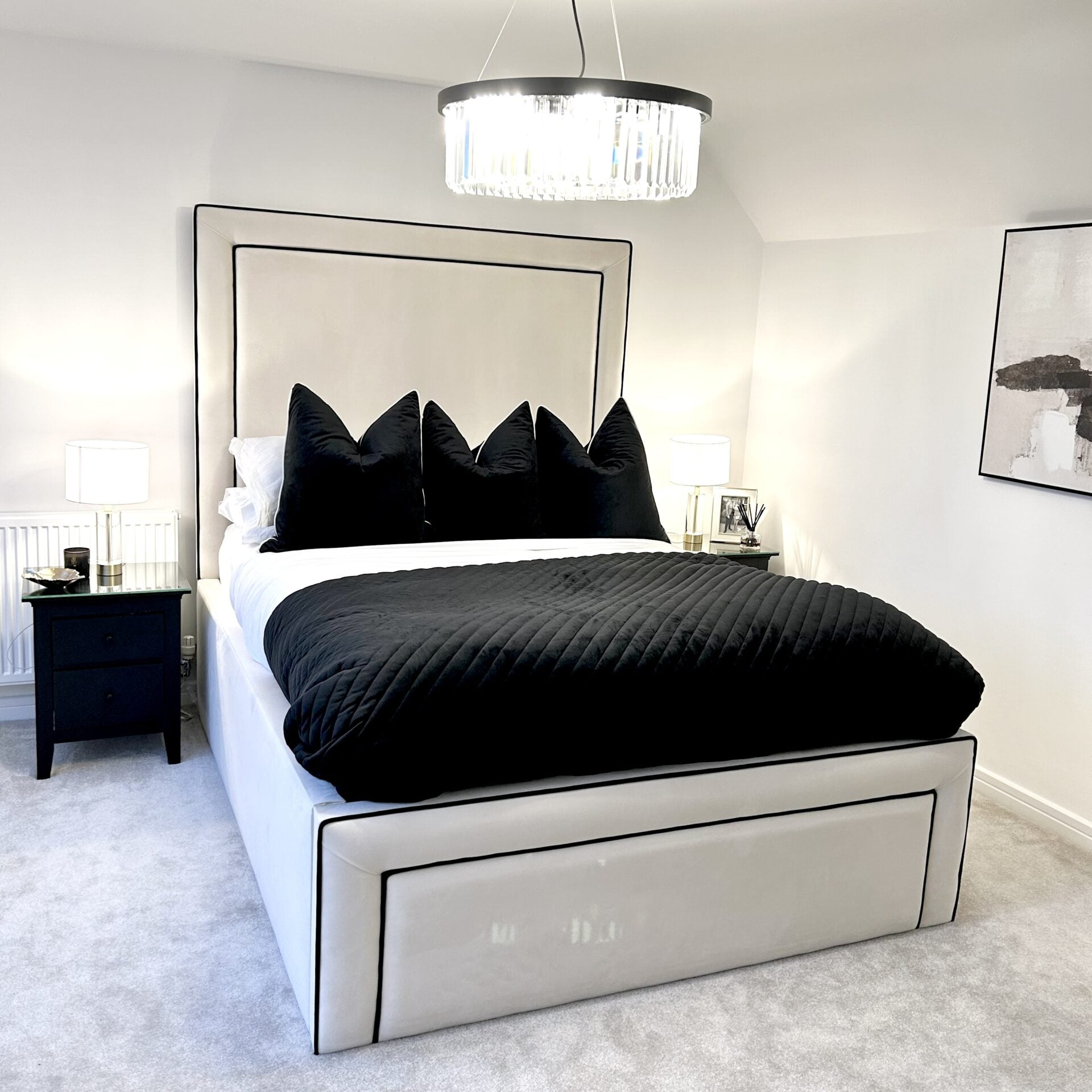 Victoria Luxury Bed with Contrast Piping – Elegant Upholstered Bed Frame with Black Piping Detail UK